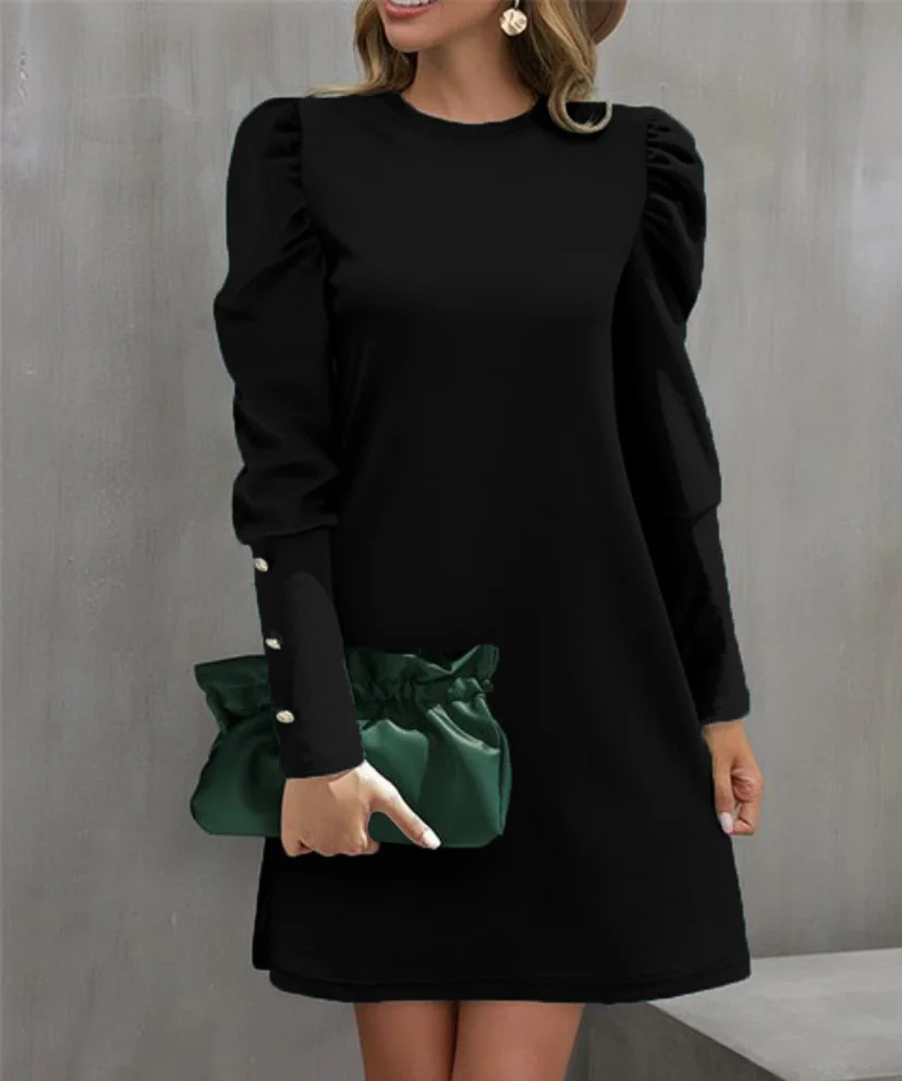 Women's Long Sleeve Spring/Fall Plain Dress Crew Neck Daily Going Out Casual Midi H-Line