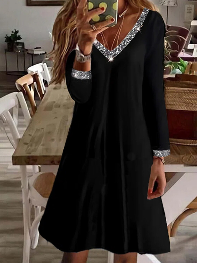 Women's Long Sleeve Spring/Fall Plain Dress V Neck Daily Going Out Casual Midi A-Line