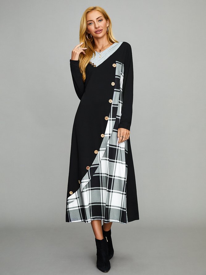 Women's Long Sleeve Spring/Fall Plaid Dress Daily Going Out Casual Maxi A-Line