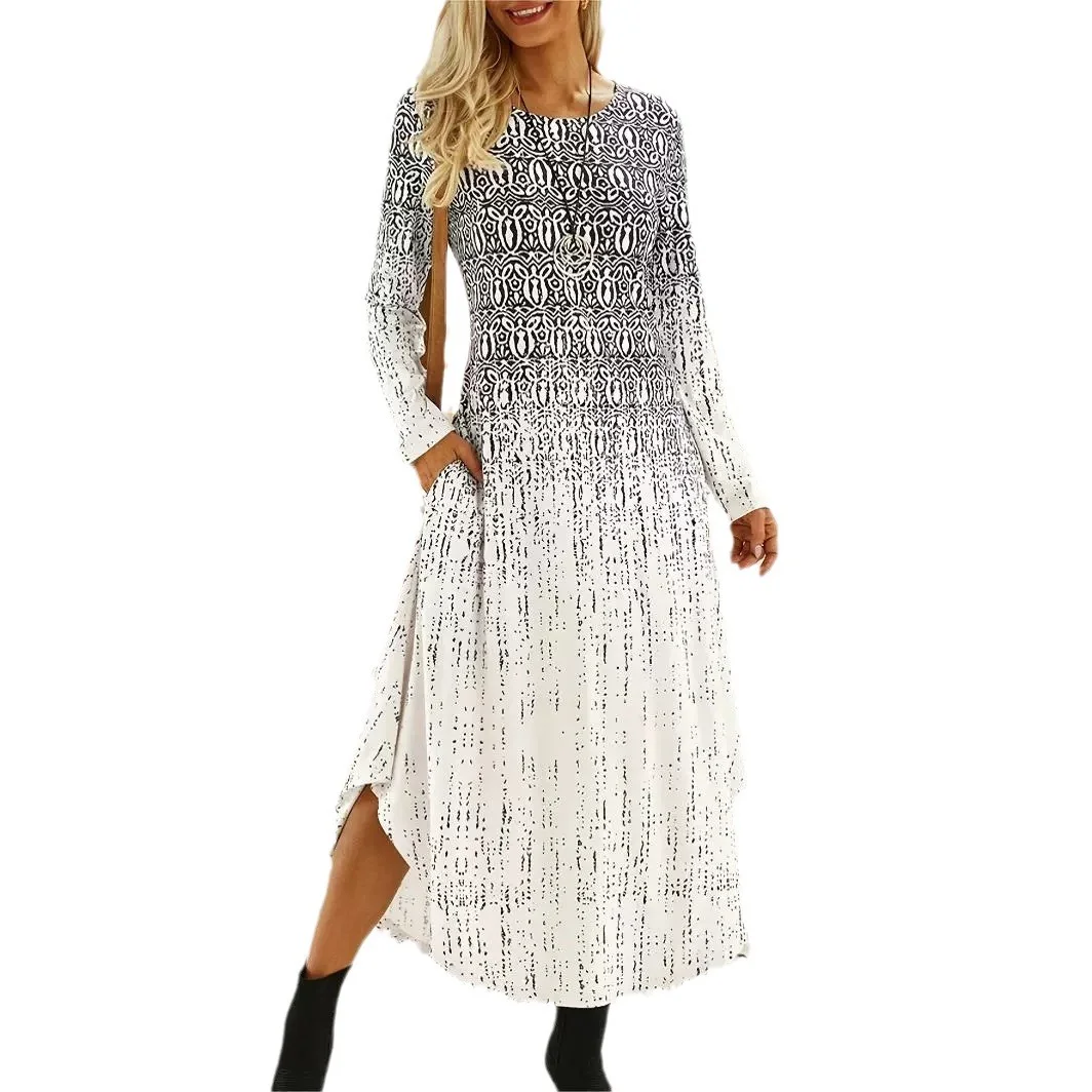 Women's Long Sleeve Spring/Fall Ethnic Dress Crew Neck Daily Going Out Vintage Maxi A-Line