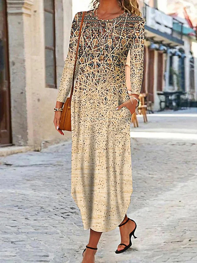 Women's Long Sleeve Spring/Fall Ethnic Dress Crew Neck Daily Going Out Vintage Maxi A-Line