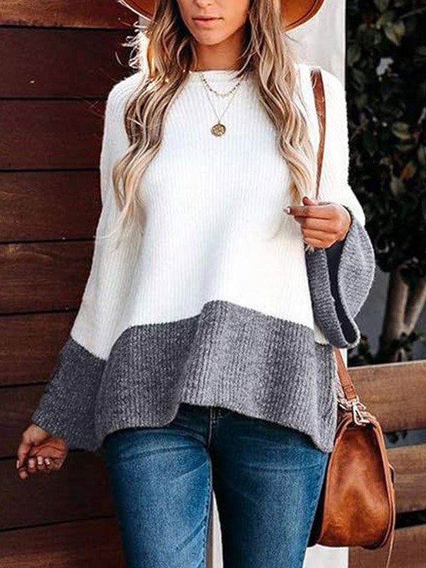 Women's Spring/Fall Color Block Casual Long Sleeve Crew Neck Wool/Knitting Sweater