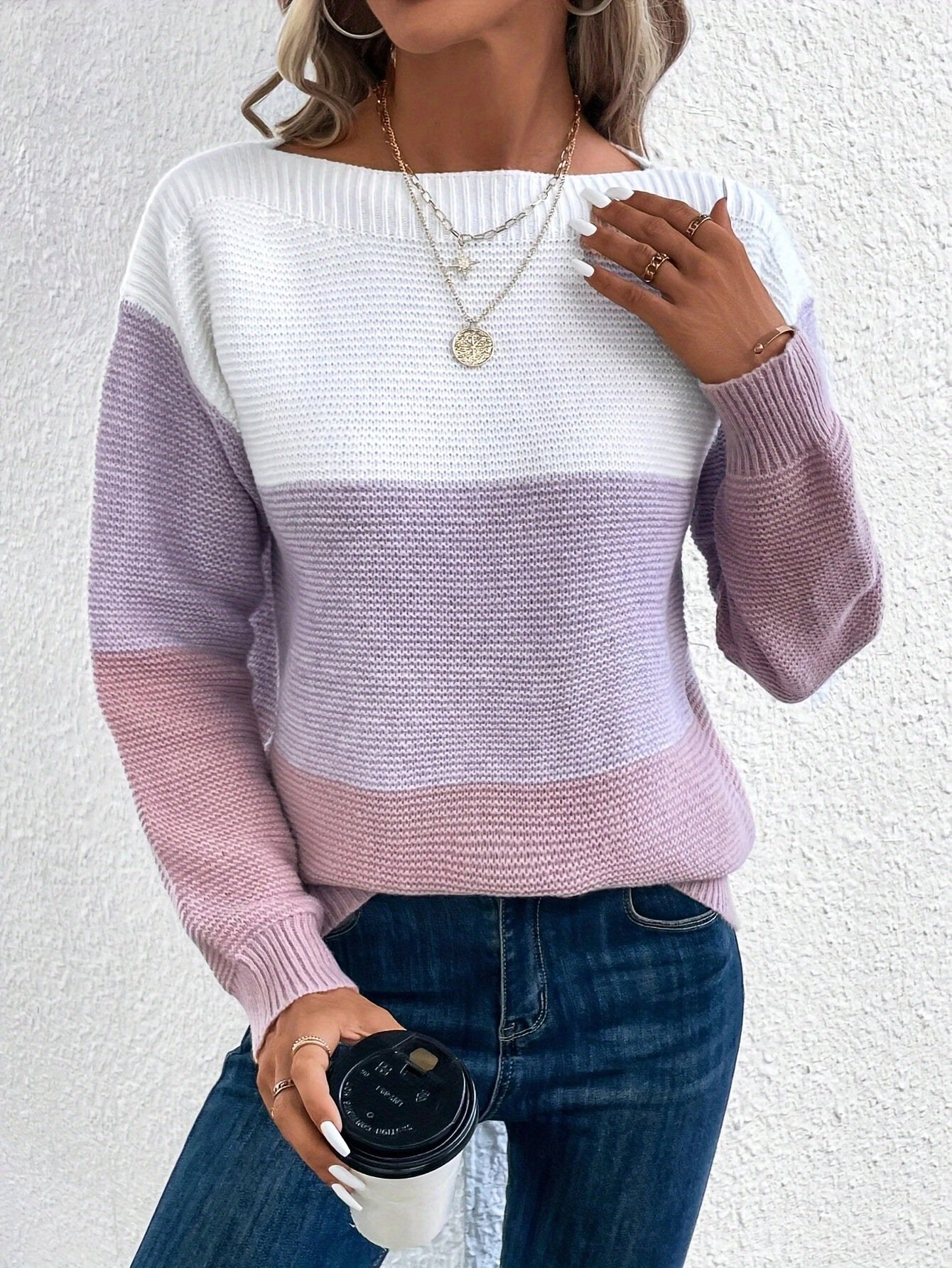 Women's Spring/Fall Color Block Casual Long Sleeve Crew Neck Wool/Knitting Sweater