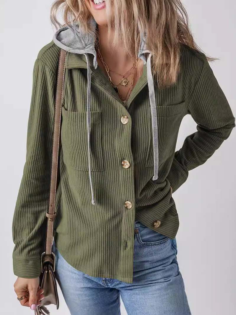 Women's Autumn Outerwear Casual Corduroy Plain Long Sleeve Hoodie Jacket