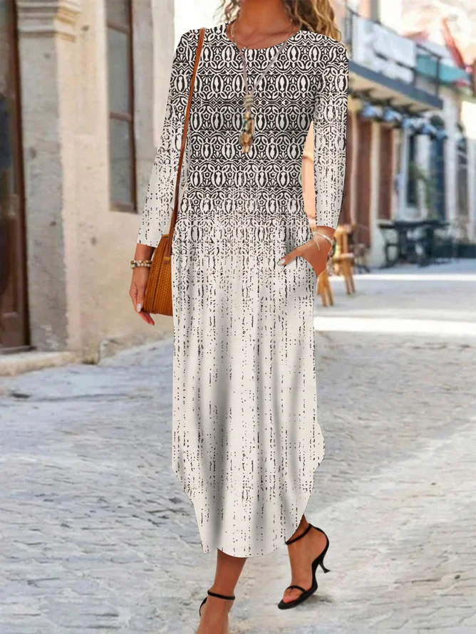 Women's Long Sleeve Spring/Fall Ethnic Dress Crew Neck Daily Going Out Vintage Maxi A-Line