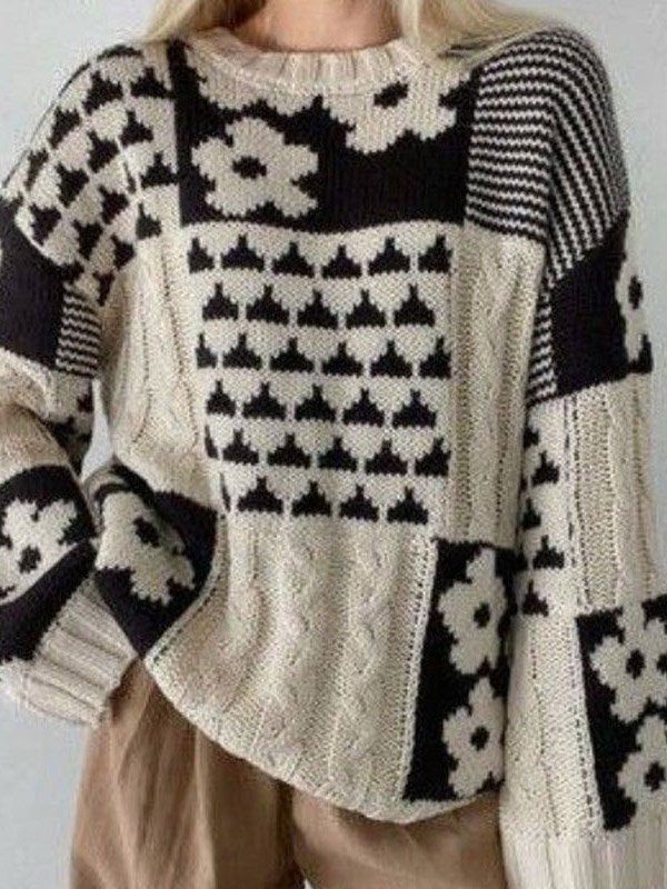 Women's Spring/Fall Floral Casual Long Sleeve Crew Neck Wool/Knitting Sweater