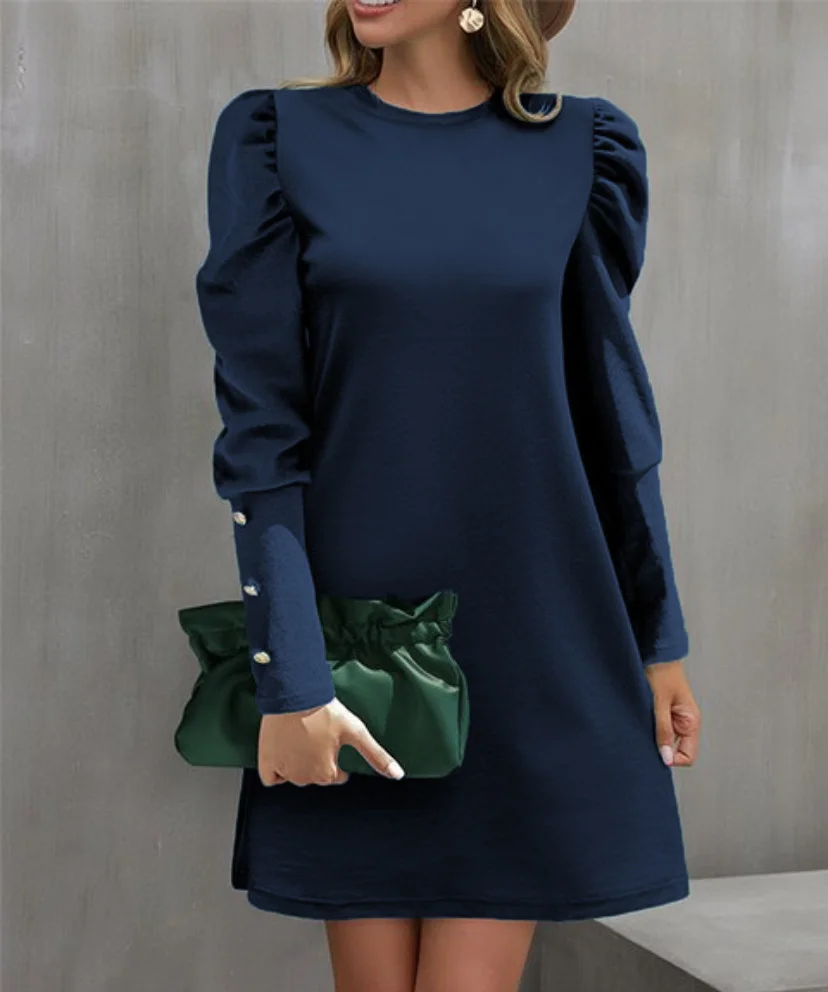 Women's Long Sleeve Spring/Fall Plain Dress Crew Neck Daily Going Out Casual Midi H-Line