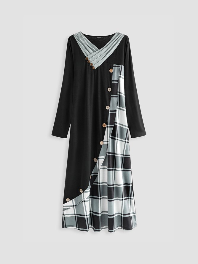 Women's Long Sleeve Spring/Fall Plaid Dress Daily Going Out Casual Maxi A-Line