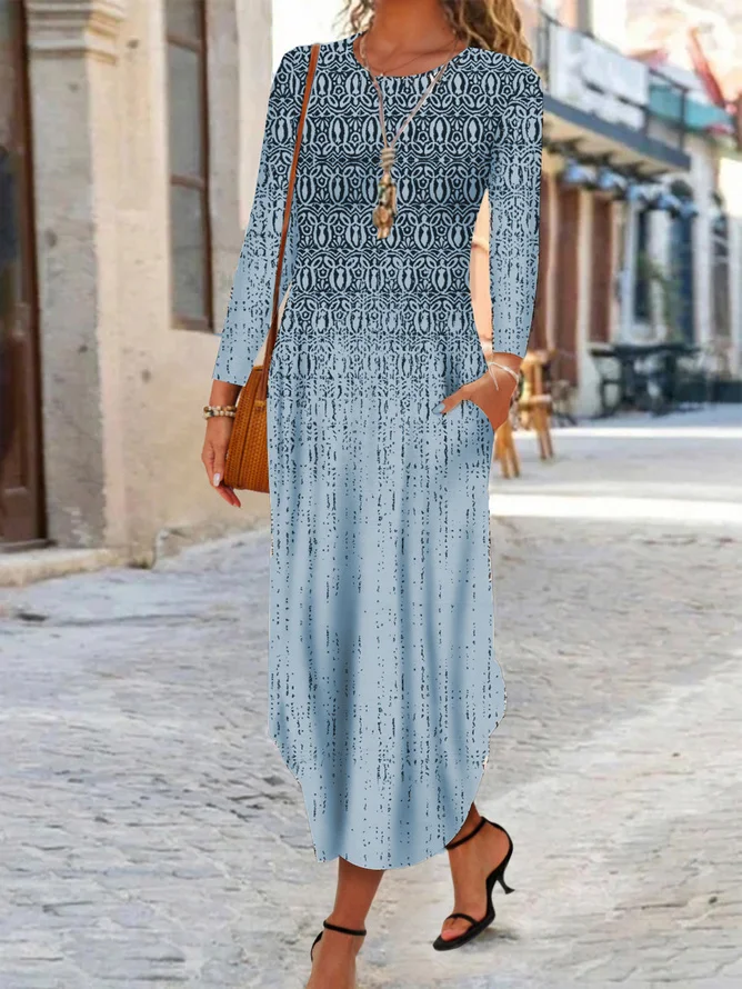 Women's Long Sleeve Spring/Fall Ethnic Dress Crew Neck Daily Going Out Vintage Maxi A-Line