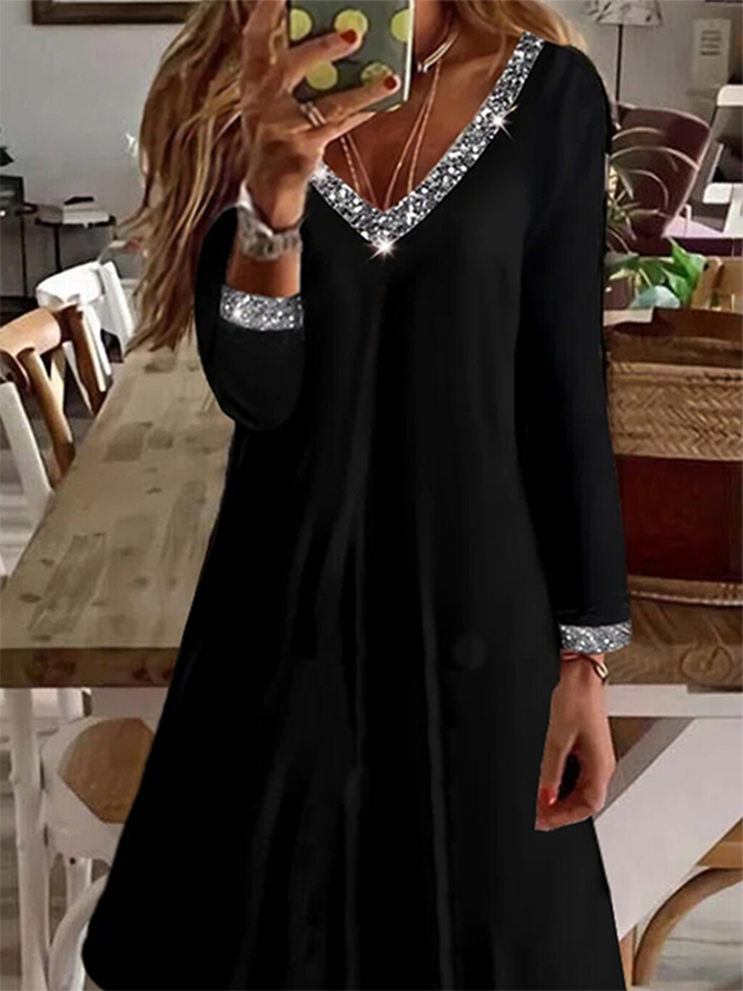 Women's Long Sleeve Spring/Fall Plain Dress V Neck Daily Going Out Casual Midi A-Line