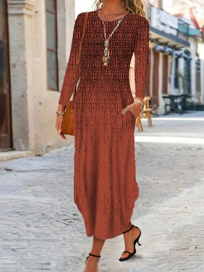 Women's Long Sleeve Spring/Fall Ethnic Dress Crew Neck Daily Going Out Vintage Maxi A-Line