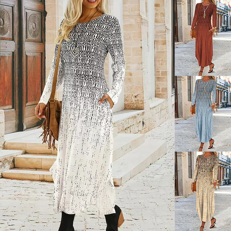 Women's Long Sleeve Spring/Fall Ethnic Dress Crew Neck Daily Going Out Vintage Maxi A-Line