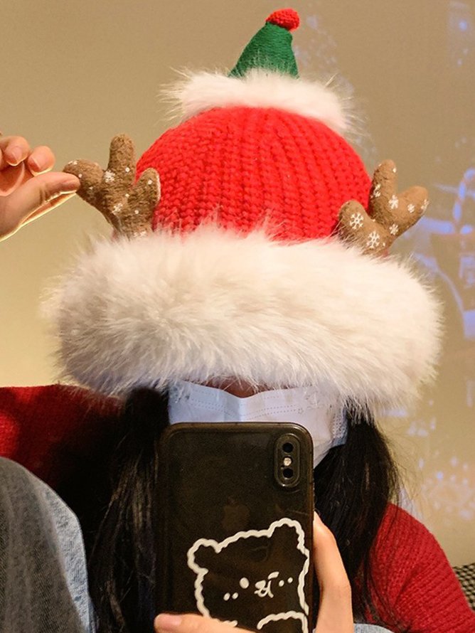 Cute Christmas Antlers Red Plush Hat Women's Winter Warm Thickened Ear Protection Beanie