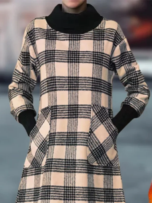 Women's Long Sleeve Spring/Fall Plaid Dress Turtleneck Daily Going Out Casual Maxi H-Line