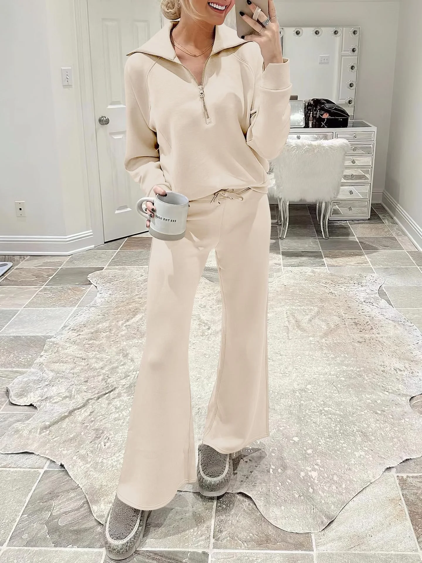 Women's Plain Daily Going Out Two Piece Set Long Sleeve Casual Spring/Fall Top With Pants Matching Set