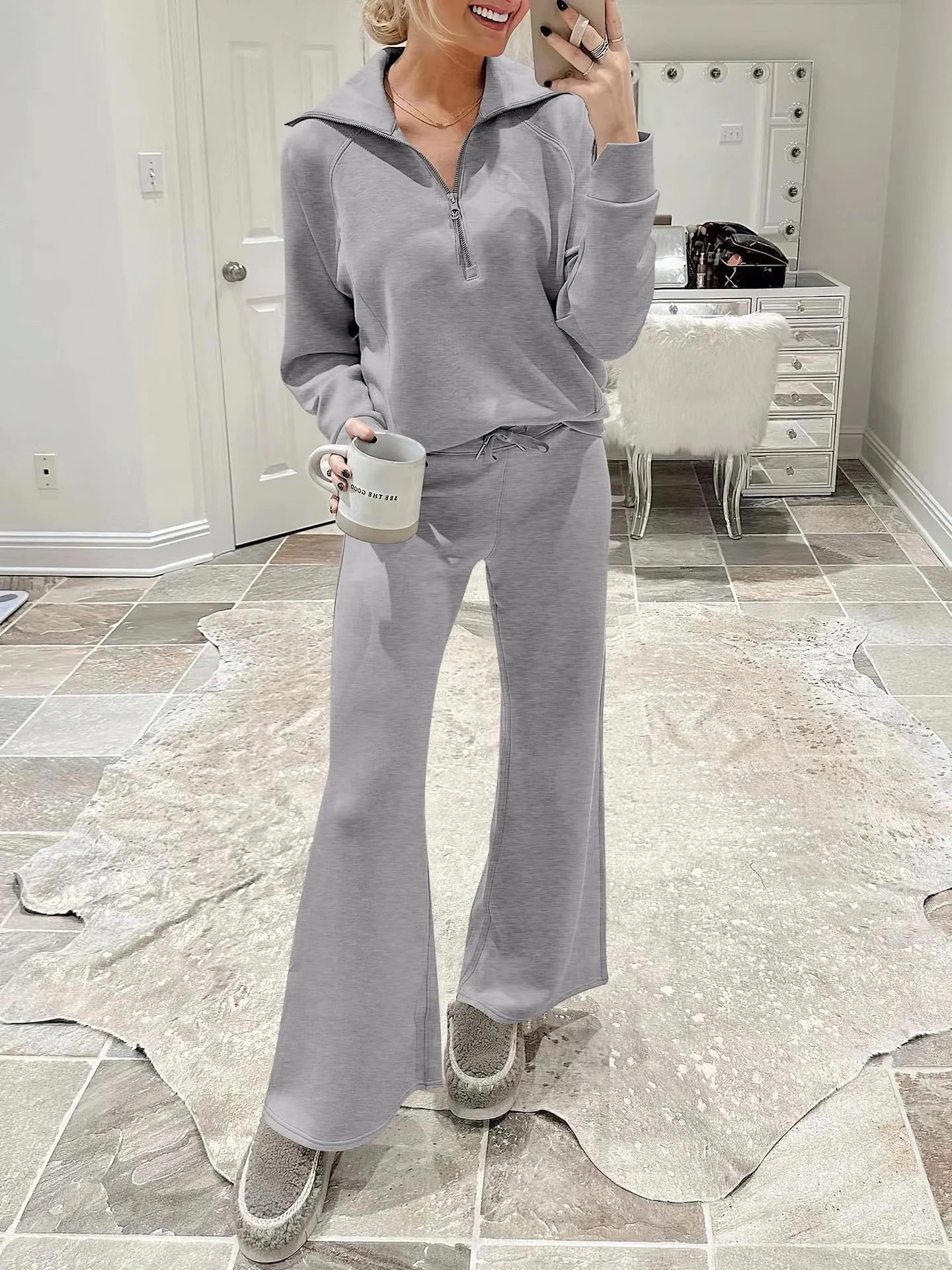 Women's Plain Daily Going Out Two Piece Set Long Sleeve Casual Spring/Fall Top With Pants Matching Set