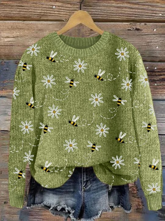 Women's Animal Winter Casual Long Sleeve Crew Neck Knitted Floral Sweater