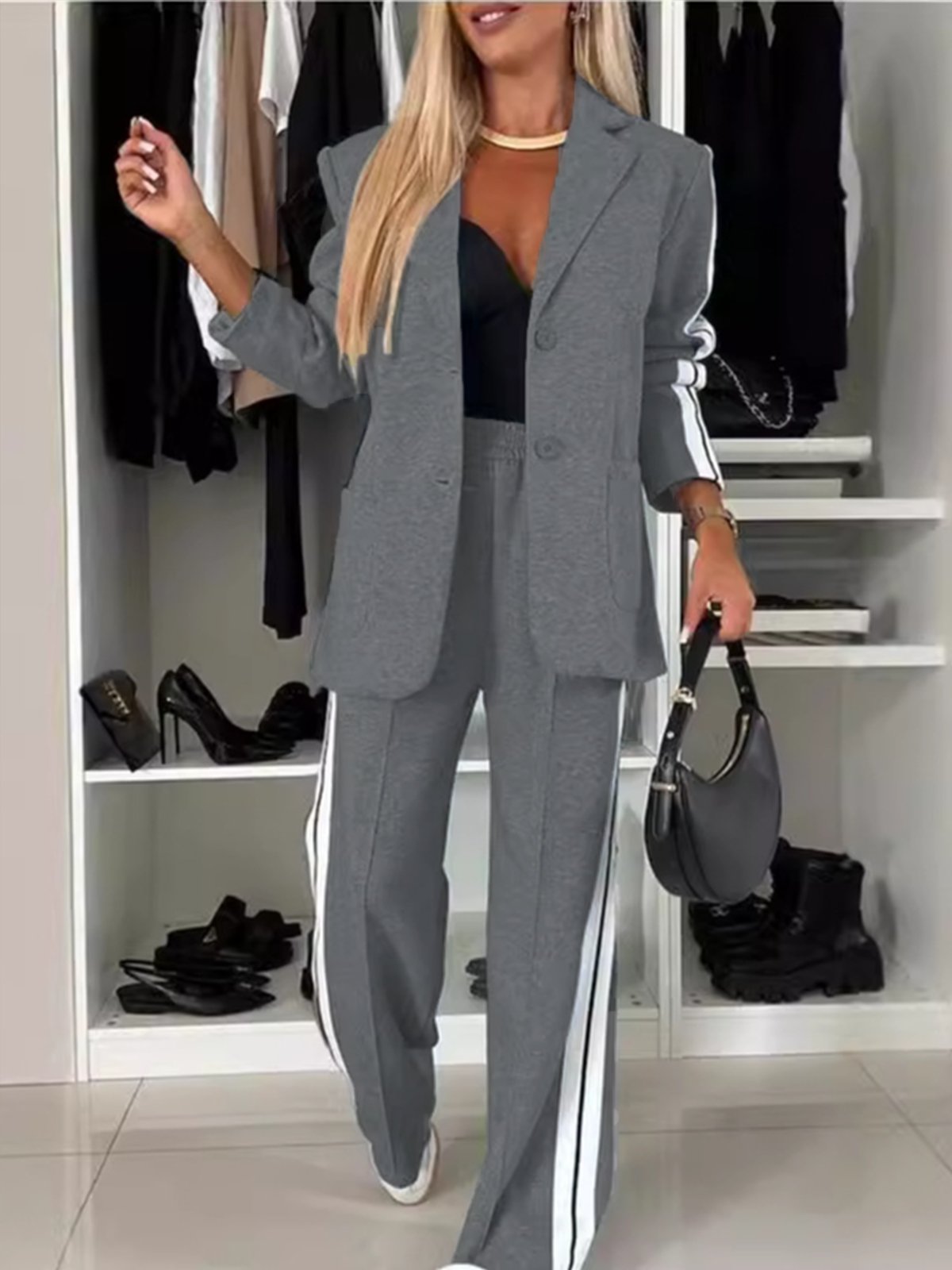 Women's Plain Daily Going Out Two Piece Set Long Sleeve Casual Spring/Fall Coat With Pants Matching Set