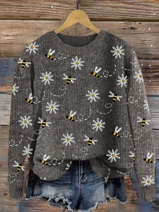 Women's Animal Winter Casual Long Sleeve Crew Neck Knitted Floral Sweater