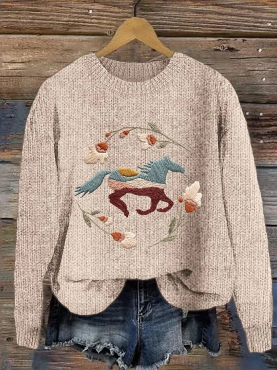 Women's Winter Animal Casual Long Sleeve Crew Neck Knitted Sweater