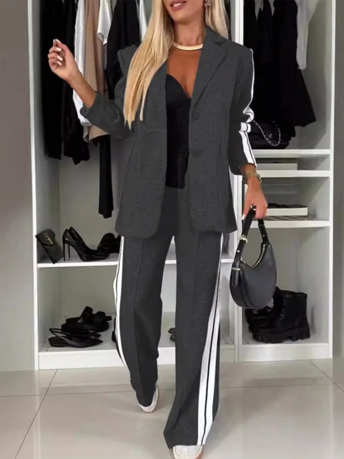 Women's Plain Daily Going Out Two Piece Set Long Sleeve Casual Spring/Fall Coat With Pants Matching Set