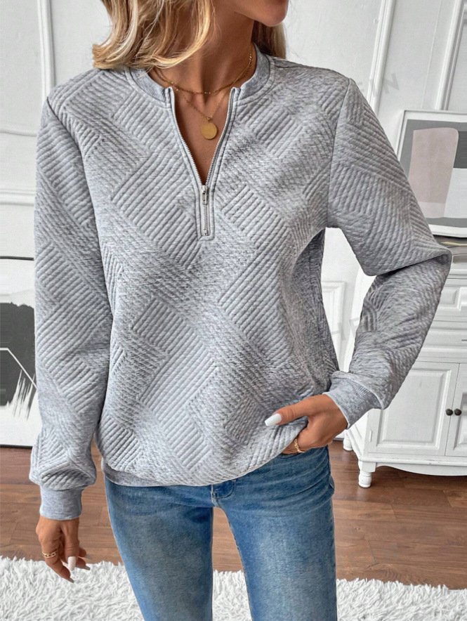 Women's Notched Plain Zipper Casual Spring/Fall Long Sleeve Sweatshirt