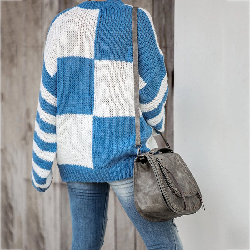 Women's Spring/Fall Plaid Casual Long Sleeve Crew Neck Yarn/Wool Yarn Sweater