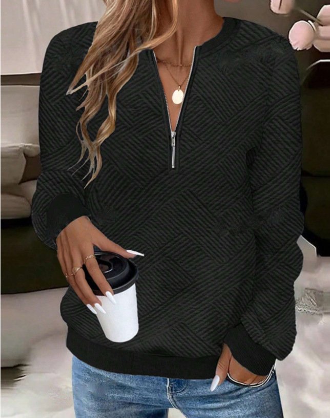 Women's Notched Plain Zipper Casual Spring/Fall Long Sleeve Sweatshirt