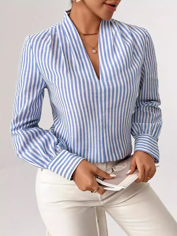 Women's Long Sleeve Blouse Spring/Fall Striped Lace V Neck Daily Going Out Casual Top