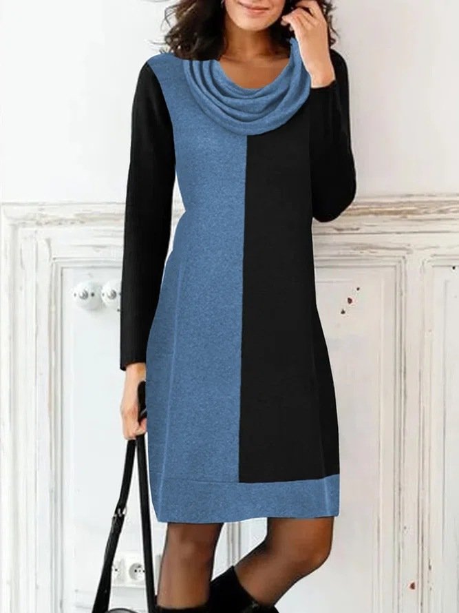 Women's Long Sleeve Spring/Fall Color Block Jersey Dress Turtleneck Daily Going Out Casual Mini H-Line Sweater