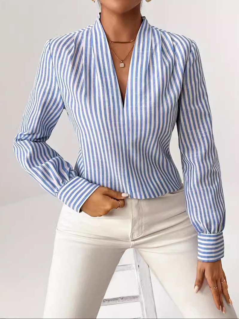 Women's Long Sleeve Blouse Spring/Fall Striped Lace V Neck Daily Going Out Casual Top