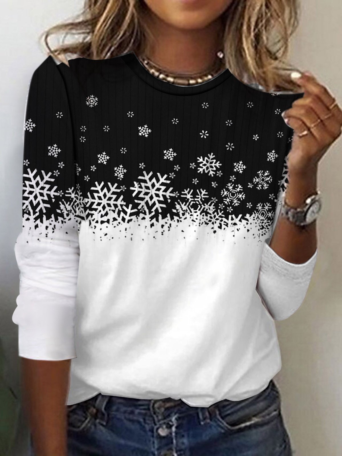 Women's Long Sleeve Tee T-shirt Spring/Fall Snowflake Printing Jersey Crew Neck Holiday Going Out Casual Top