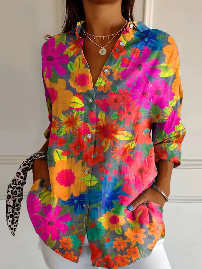 Women's Long Sleeve Shirt Spring/Fall Floral Shirt Collar Daily Going Out Casual Top