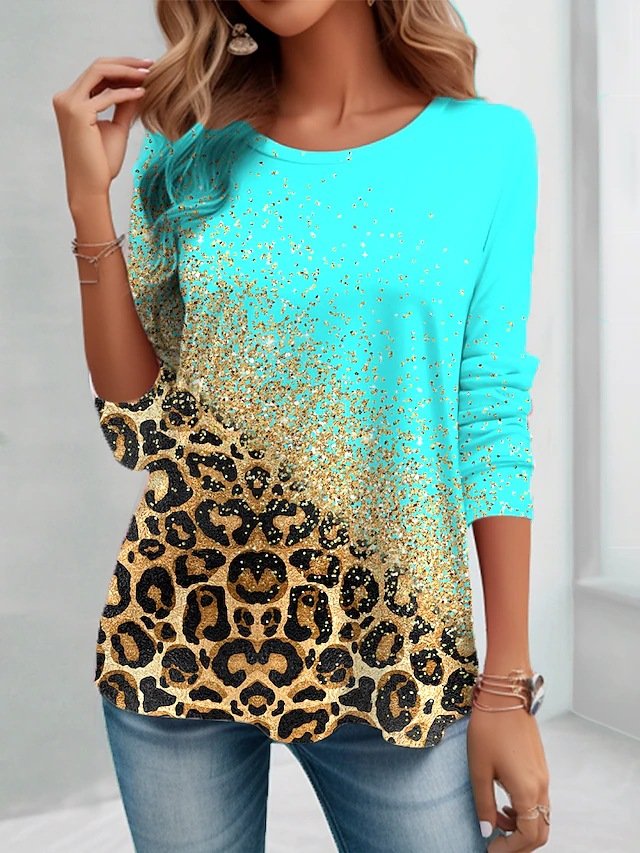 Women's Long Sleeve Tee T-shirt Spring/Fall Leopard Printing Jersey Crew Neck Holiday Going Out Casual Top