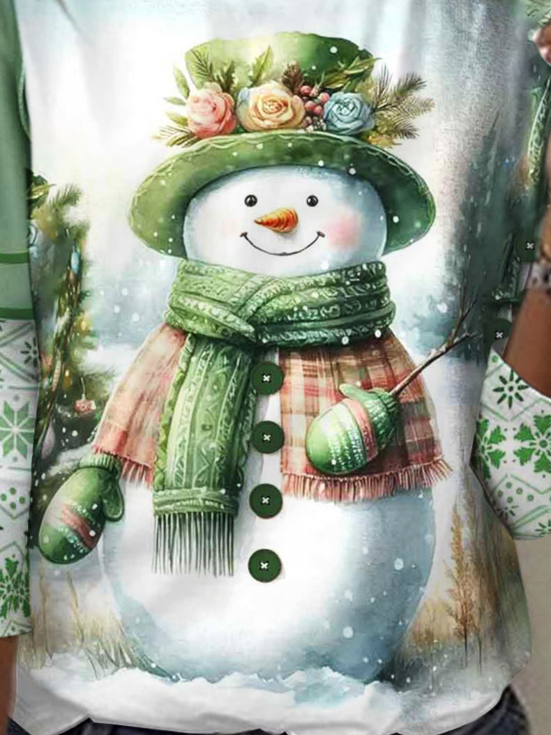 Women's Long Sleeve Tee T-shirt Spring/Fall Christmas Snowman Printing Jersey Crew Neck Holiday Going Out Casual Top