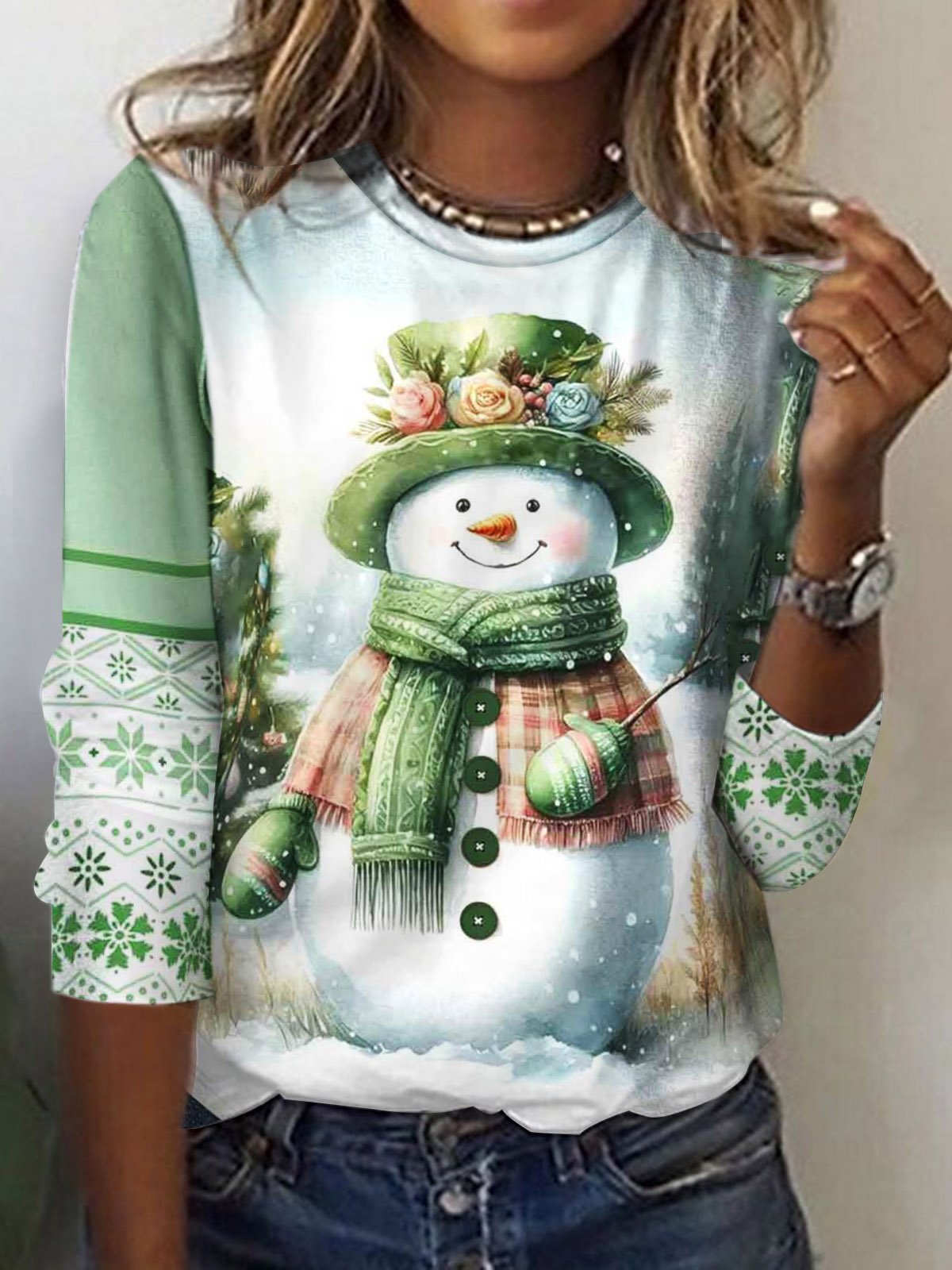 Women's Long Sleeve Tee T-shirt Spring/Fall Christmas Snowman Printing Jersey Crew Neck Holiday Going Out Casual Top