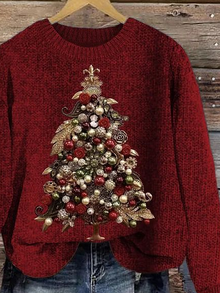 Women's Winter Christmas Tree Casual Long Sleeve Crew Neck Knitted Sweater