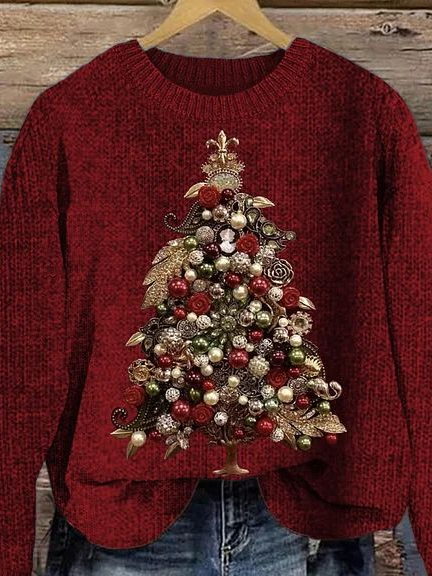 Women's Winter Christmas Tree Casual Long Sleeve Crew Neck Knitted Sweater