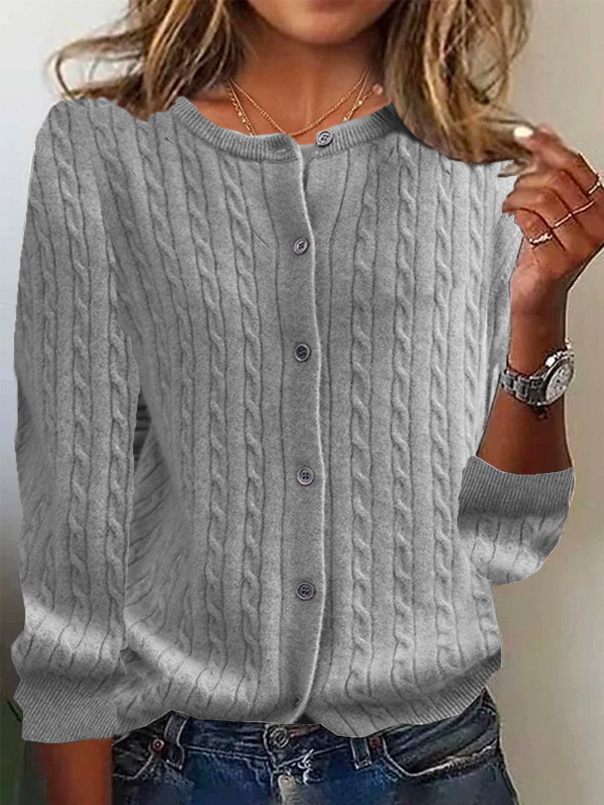 Women's Solid Plain Buttoned Spring/Fall Casual Long Sleeve Crew Neck Sweater