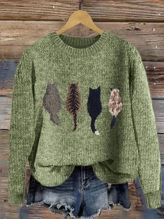 Women's Winter Cat Casual Long Sleeve Crew Neck Knitted Sweater