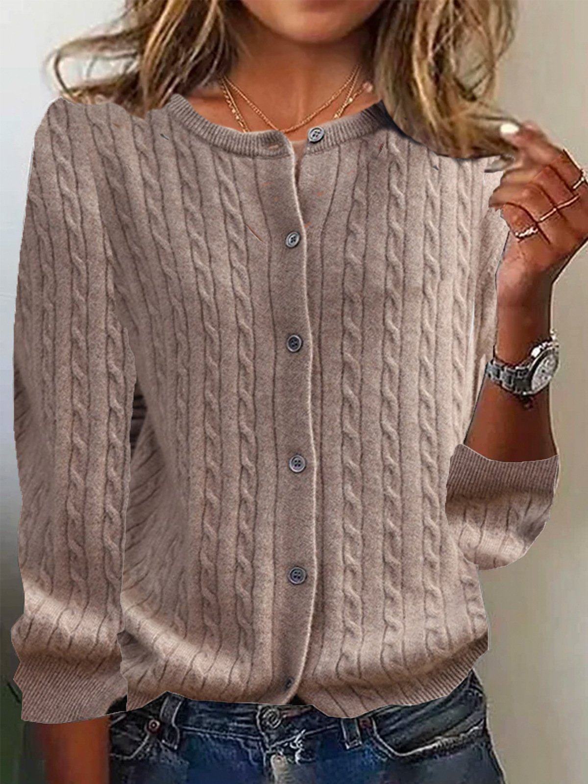 Women's Solid Plain Buttoned Spring/Fall Casual Long Sleeve Crew Neck Sweater