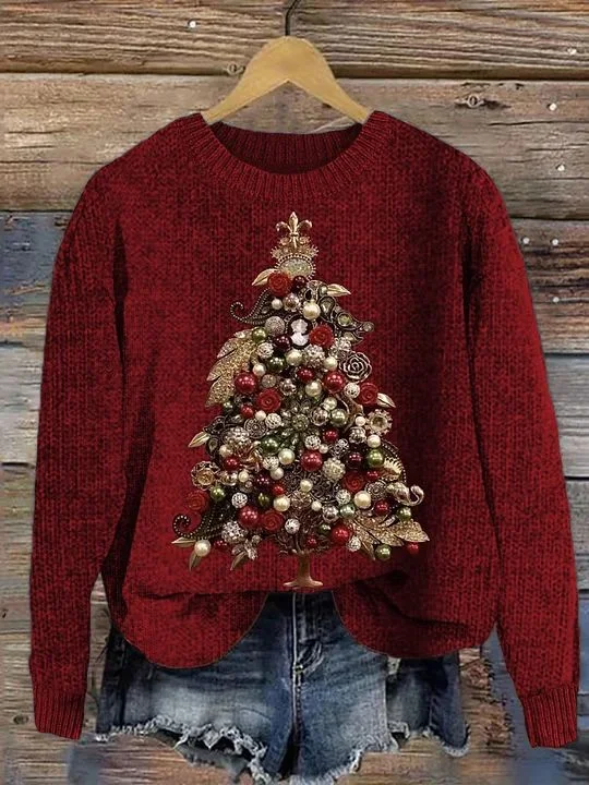 Women's Winter Christmas Tree Casual Long Sleeve Crew Neck Knitted Sweater