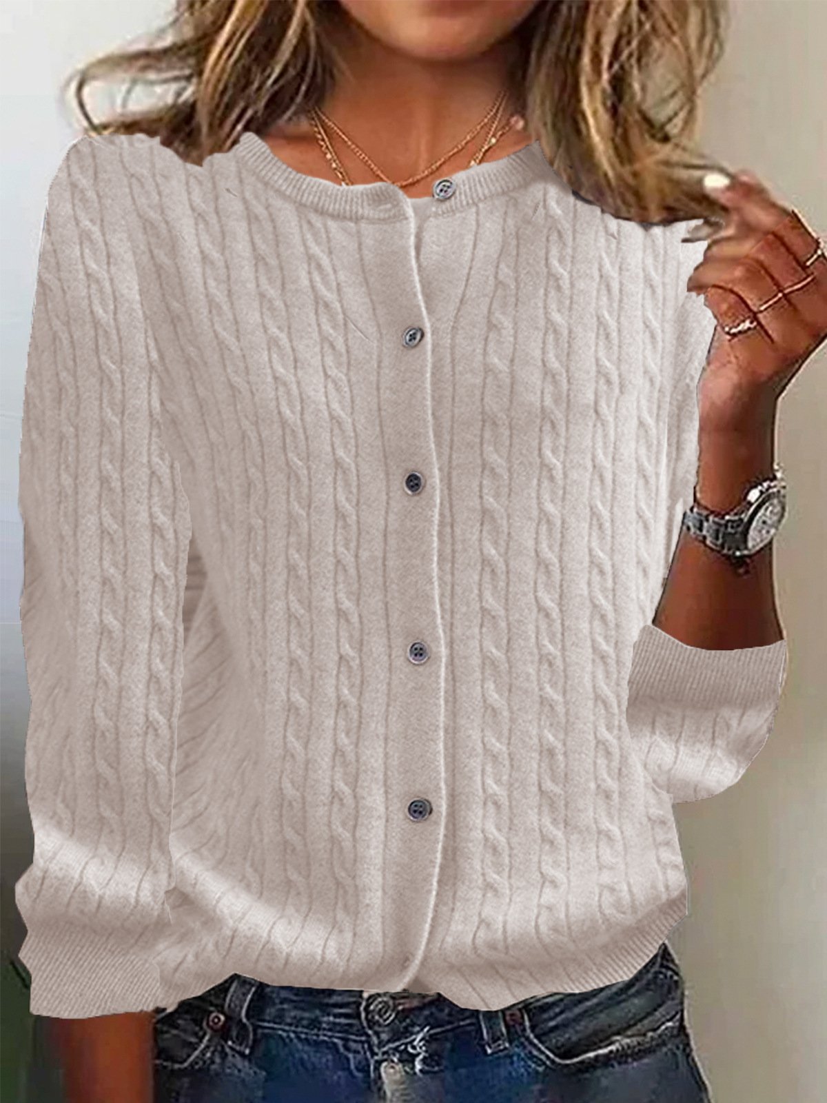 Women's Solid Plain Buttoned Spring/Fall Casual Long Sleeve Crew Neck Sweater