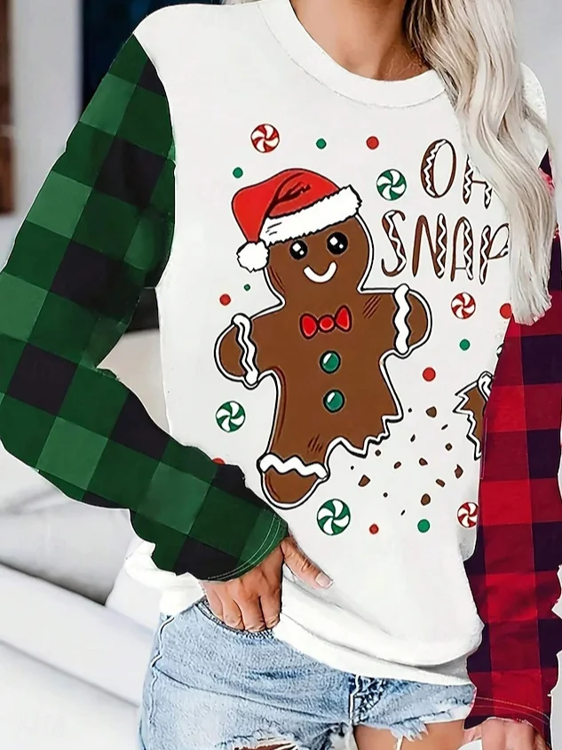 Women's Long Sleeve Tee T-shirt Spring/Fall Christmas Snowman Printing Jersey Crew Neck Holiday Going Out Casual Top