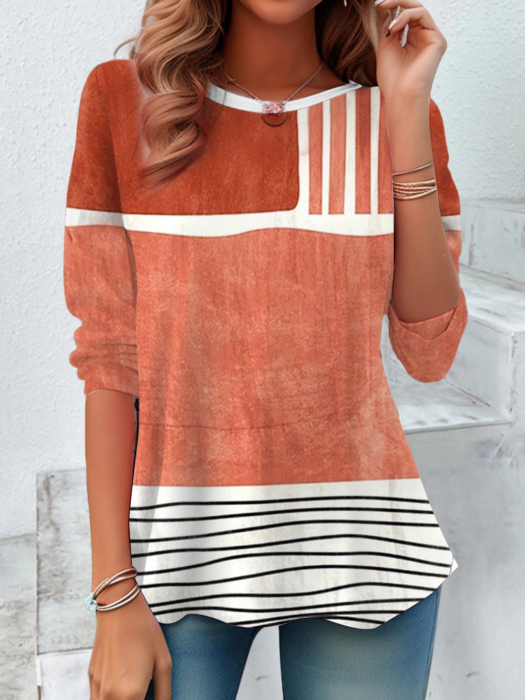 Women's Long Sleeve Tee T-shirt Spring/Fall Striped Printing Jersey Crew Neck Holiday Going Out Casual Top