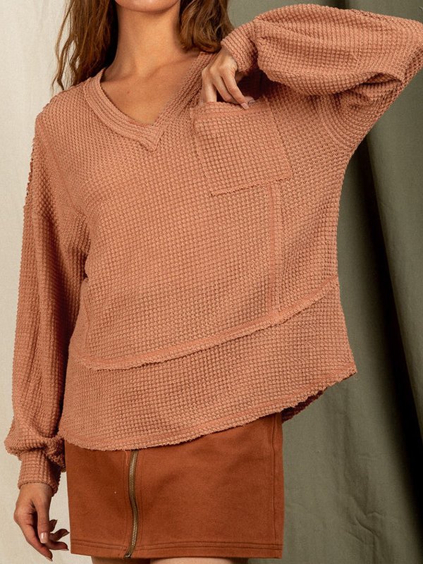 Women's Long Sleeve Blouse Spring/Fall Plain Pocket Stitching V Neck Daily Going Out Casual Top