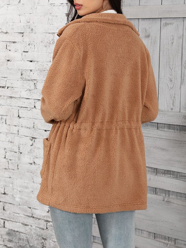 Women's Winter Outerwear Fluff/Granular Fleece Fabric Casual Pocket Stitching Plain Long Sleeve Shawl Collar Fleece Coat