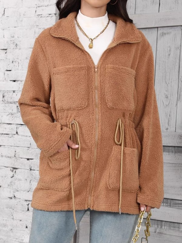 Women's Winter Outerwear Fluff/Granular Fleece Fabric Casual Pocket Stitching Plain Long Sleeve Shawl Collar Fleece Coat