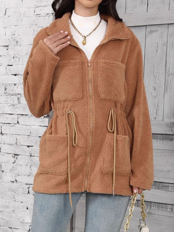 Women's Winter Outerwear Fluff/Granular Fleece Fabric Casual Pocket Stitching Plain Long Sleeve Shawl Collar Fleece Coat