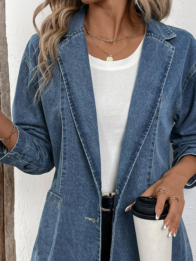 Women's Autumn Outerwear Casual Denim Plain Long Sleeve Shawl Collar Jacket